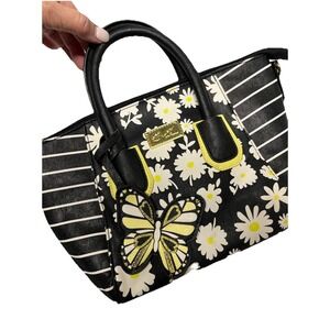 Luv Betsey Johnson Tote Bag Purse White Black Striped w/Daisy Butterfly